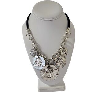 Silvertone Coin Pendant Necklace Chunky Cherub Statement